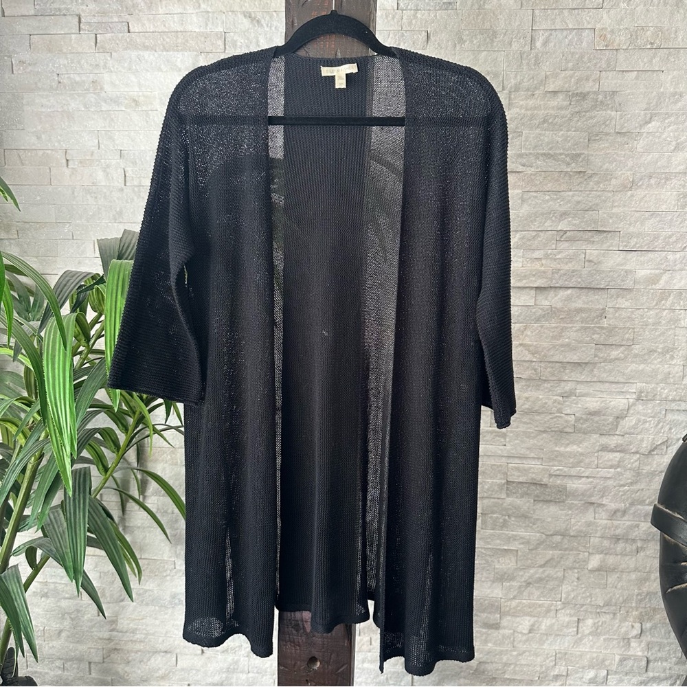 Eileen Fisher Black Organic Linen Open Front Knit 3/4 Sleeve Cardigan Size Small